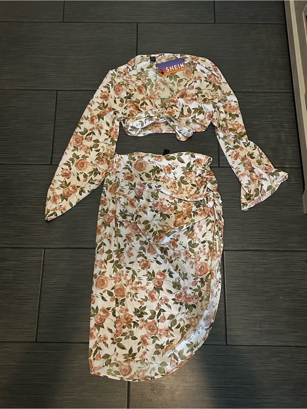 SHEIN White Floral Two-Piece Set with Blush Rose Print